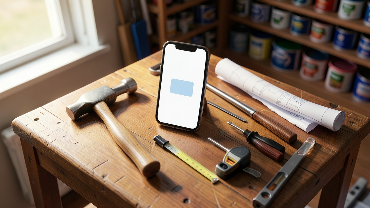 A clean, organized workbench with a smartphone displaying a credit card app, surrounded by home improvement tools and blueprints.