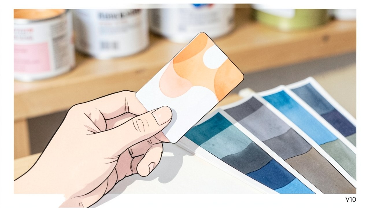 A hand holding a Home Depot credit card near a paint color swatch fan, with a small pile of paint cans in the background.
