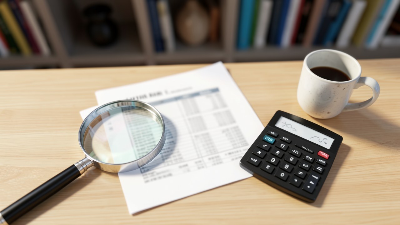 A magnifying glass over a printed document with financial tables, alongside a calculator and a cup of coffee on a desk.