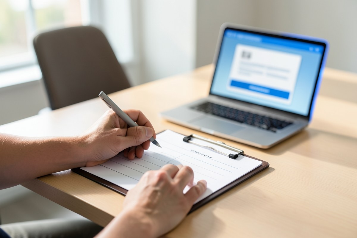 A person writing on a clipboard with a laptop showing a credit card application form in the background.