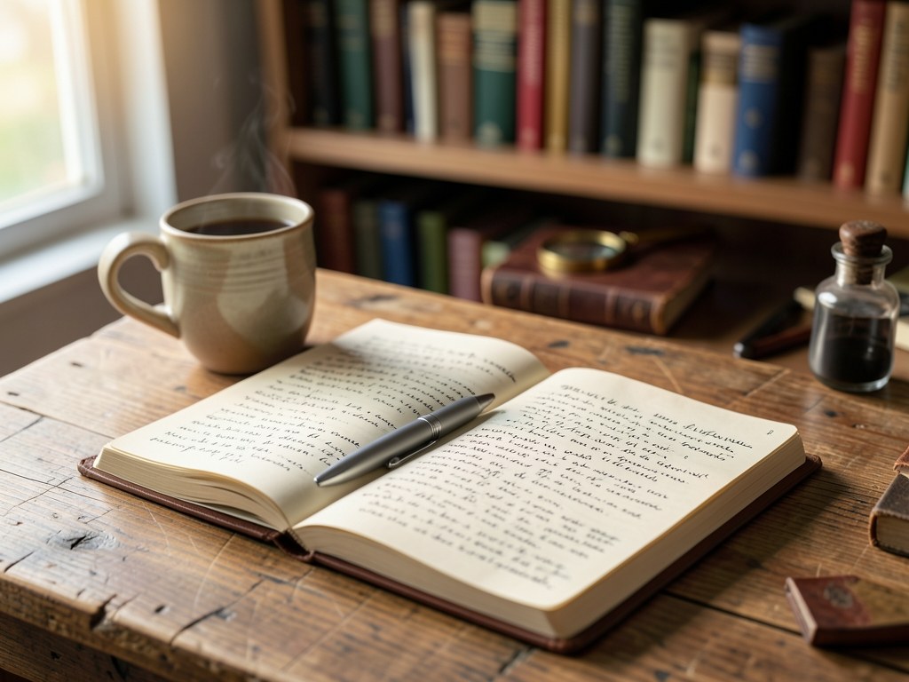 A close-up of a wooden desk with an open notebook, a pen, and a cup of coffee, with a blurred bookshelf in the background.