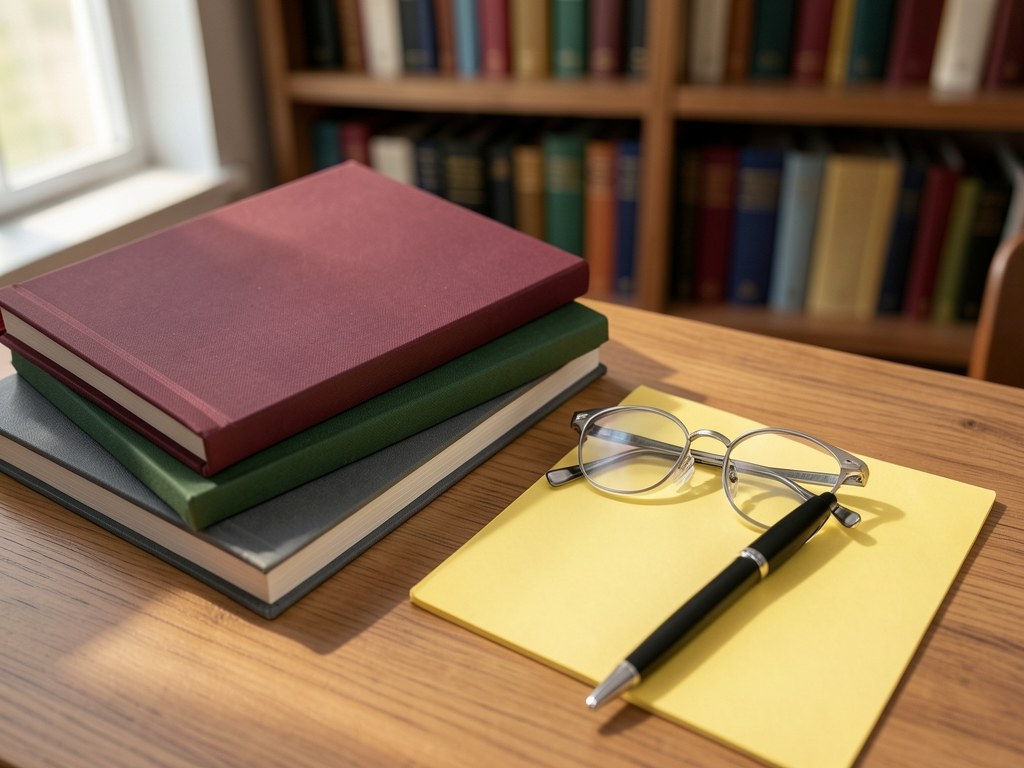 A stack of books and a legal pad with a pen on a desk, with a pair of glasses resting on top.