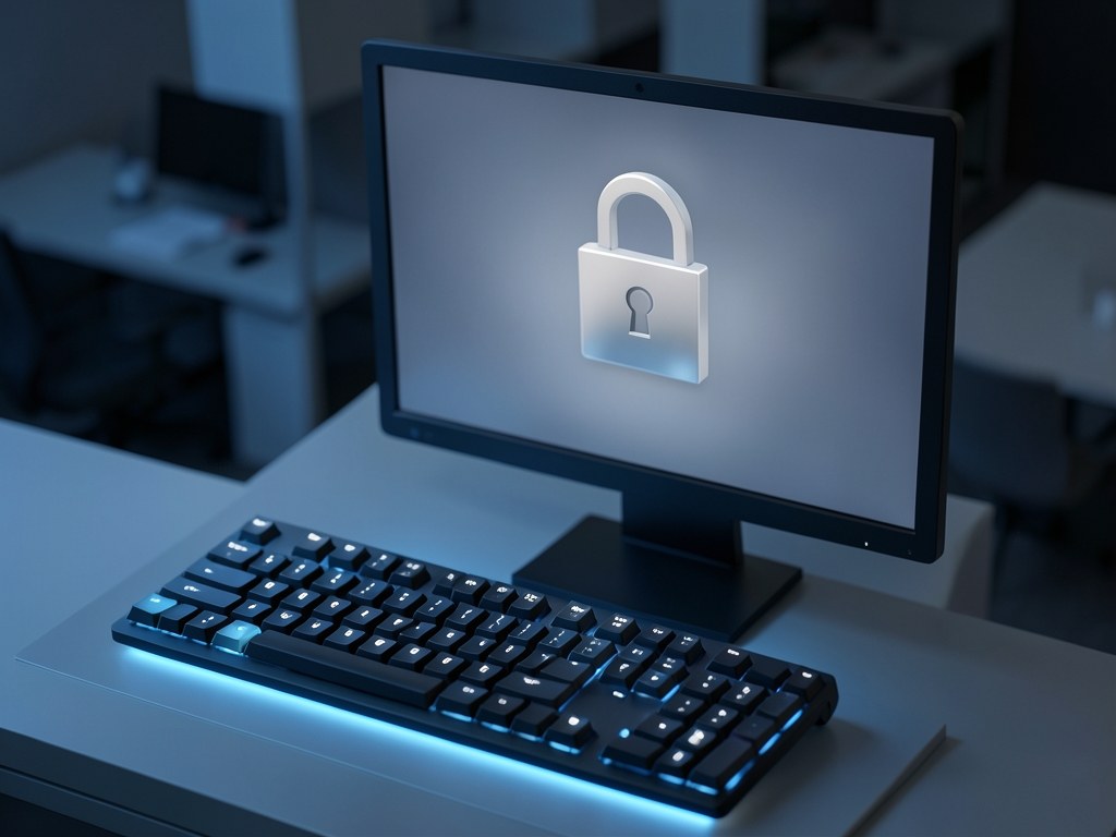 A close-up of a computer screen with a blurred privacy lock icon, and a keyboard in the foreground.