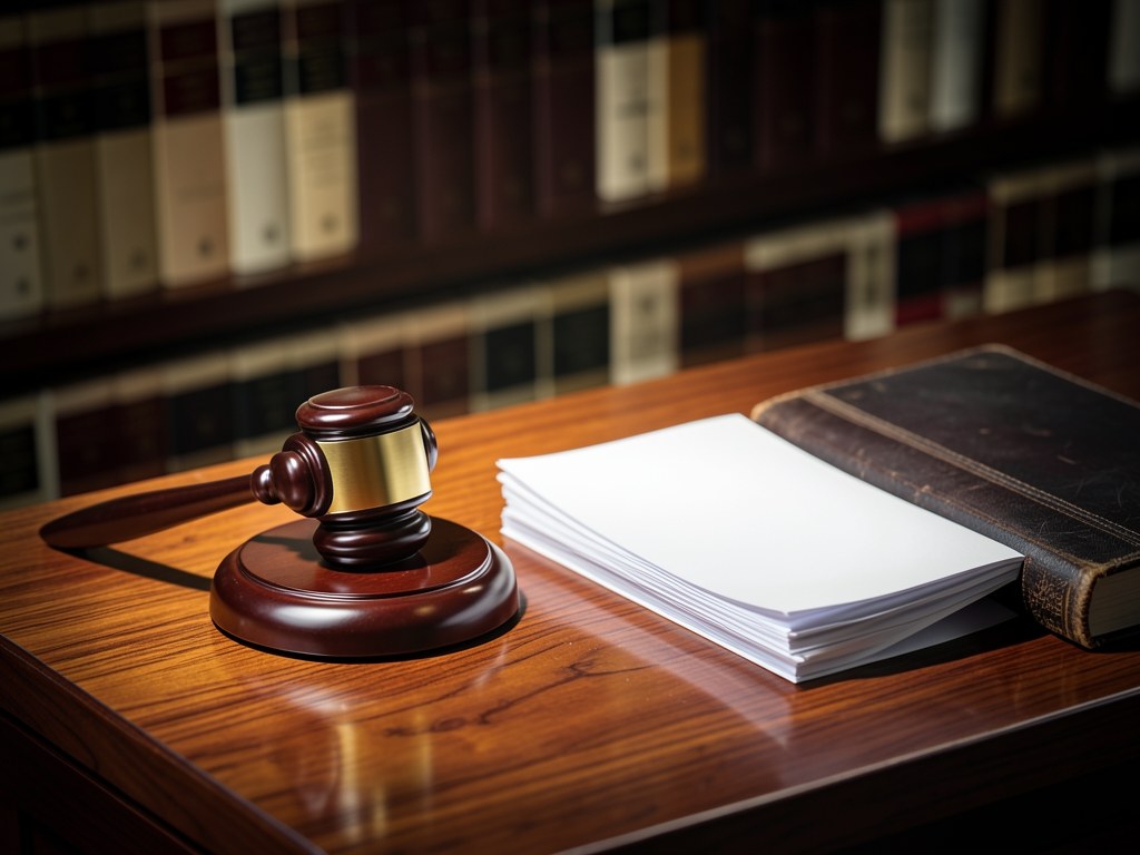 A gavel and a stack of documents on a polished wooden desk, with a law book in the background.