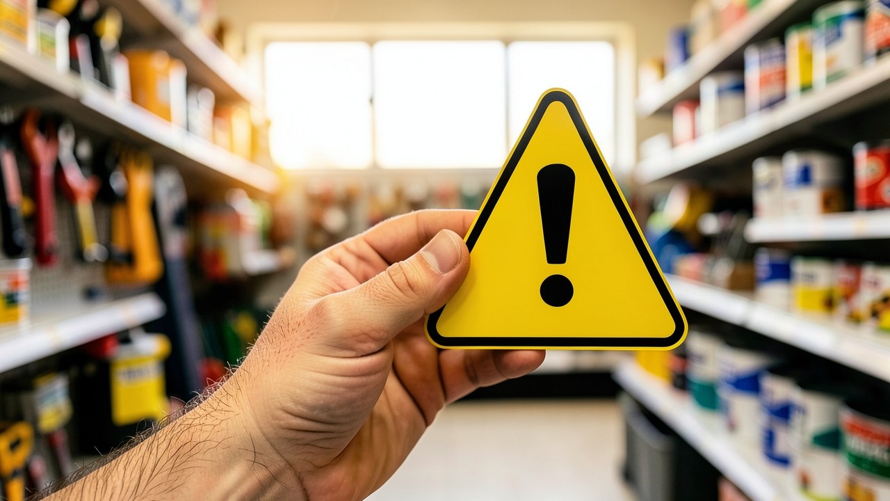 A hand holding a small 'warning' triangle sign near a window, with a blurred background of a home improvement store aisle.
