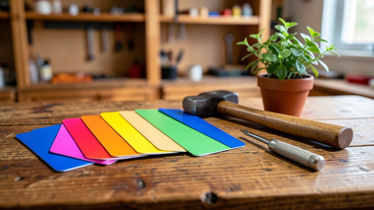 A collection of various credit cards fanned out on a wooden surface, with a small tool set and a plant in the background.