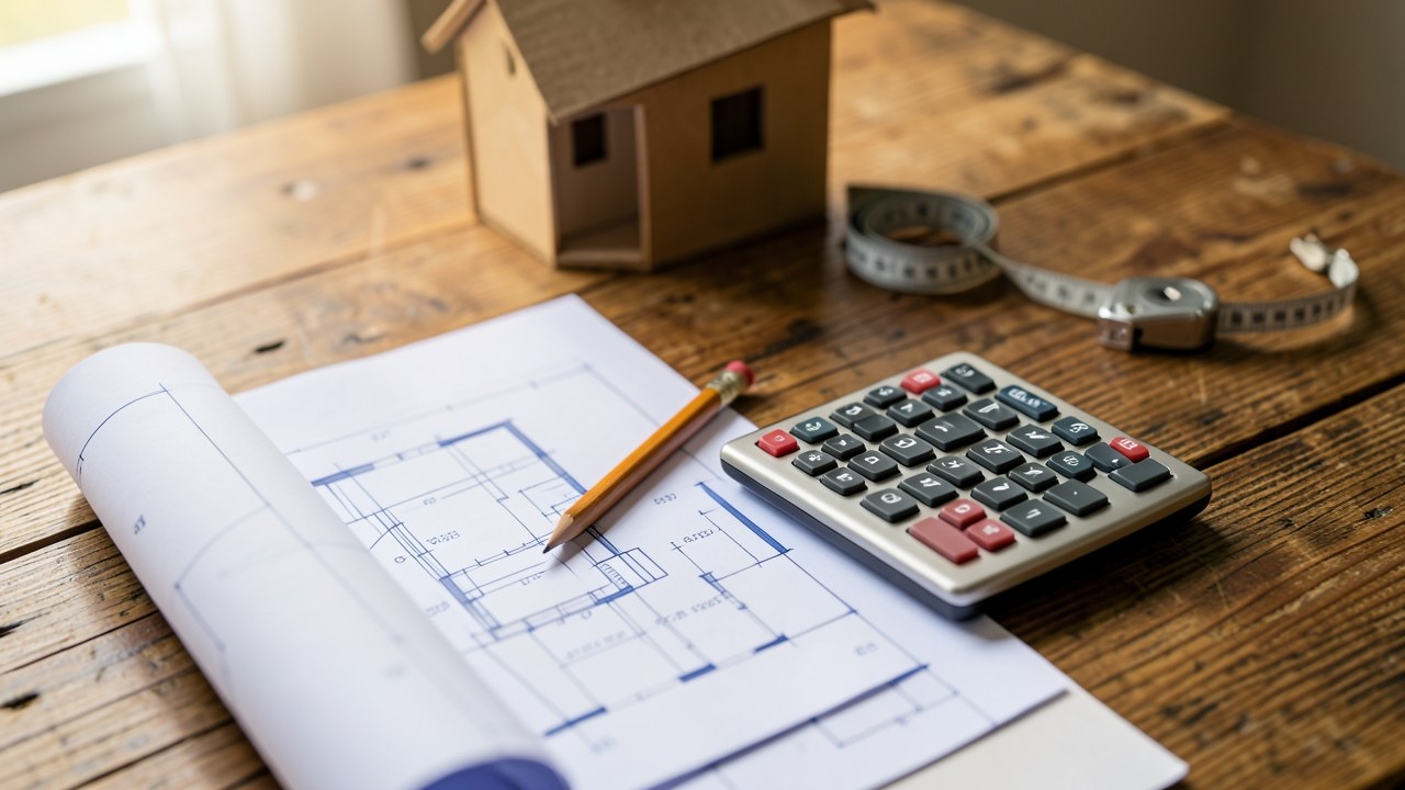 A blueprint rolled on a table with a calculator and a pencil, next to a model of a house.