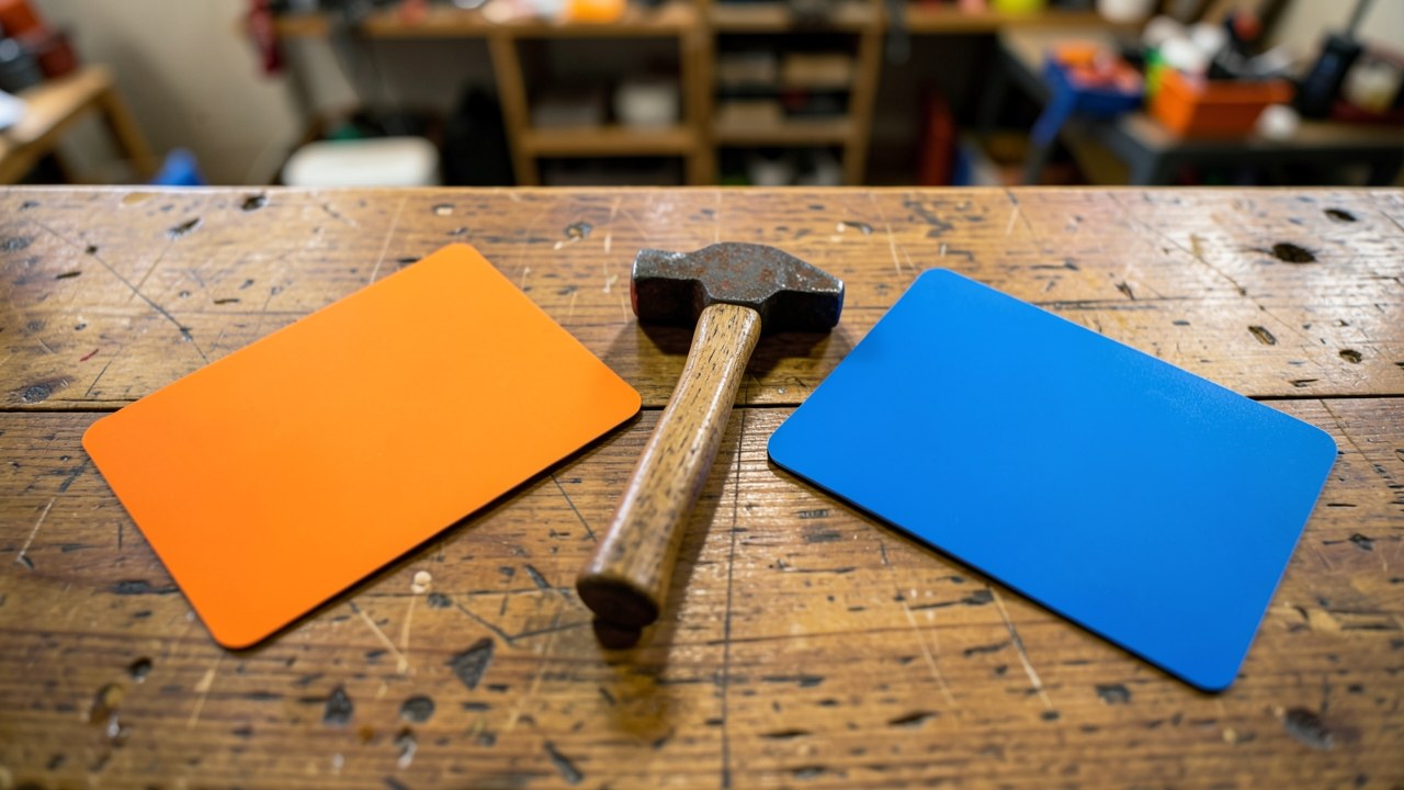 Two credit cards, one orange and one blue, placed on a table with a small hammer between them.