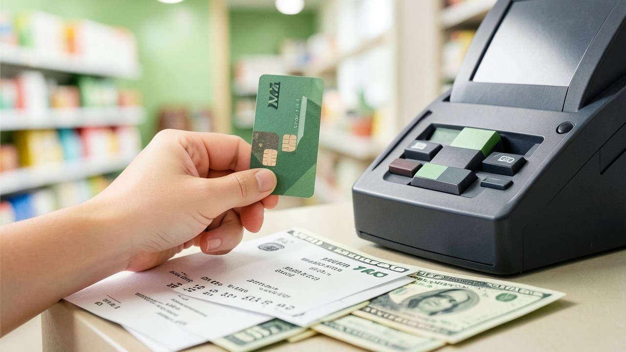 A hand holding a credit card near a cash register, with a receipt and some cash in the foreground.