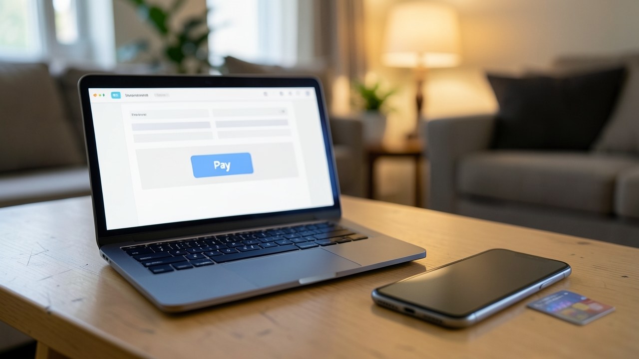 A laptop showing an online payment page, with a credit card and a smartphone on a desk.