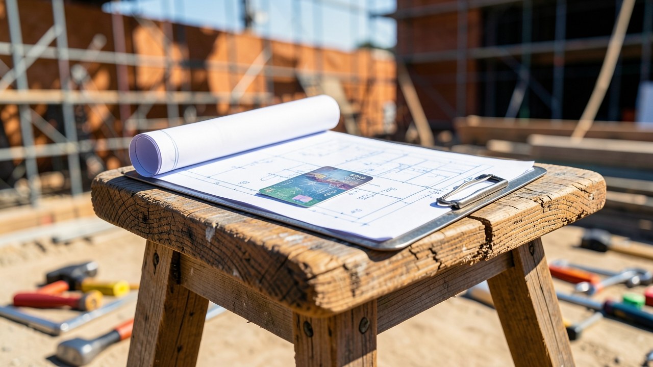 A contractor's clipboard with blueprints and a credit card on top, with a construction site in the background.