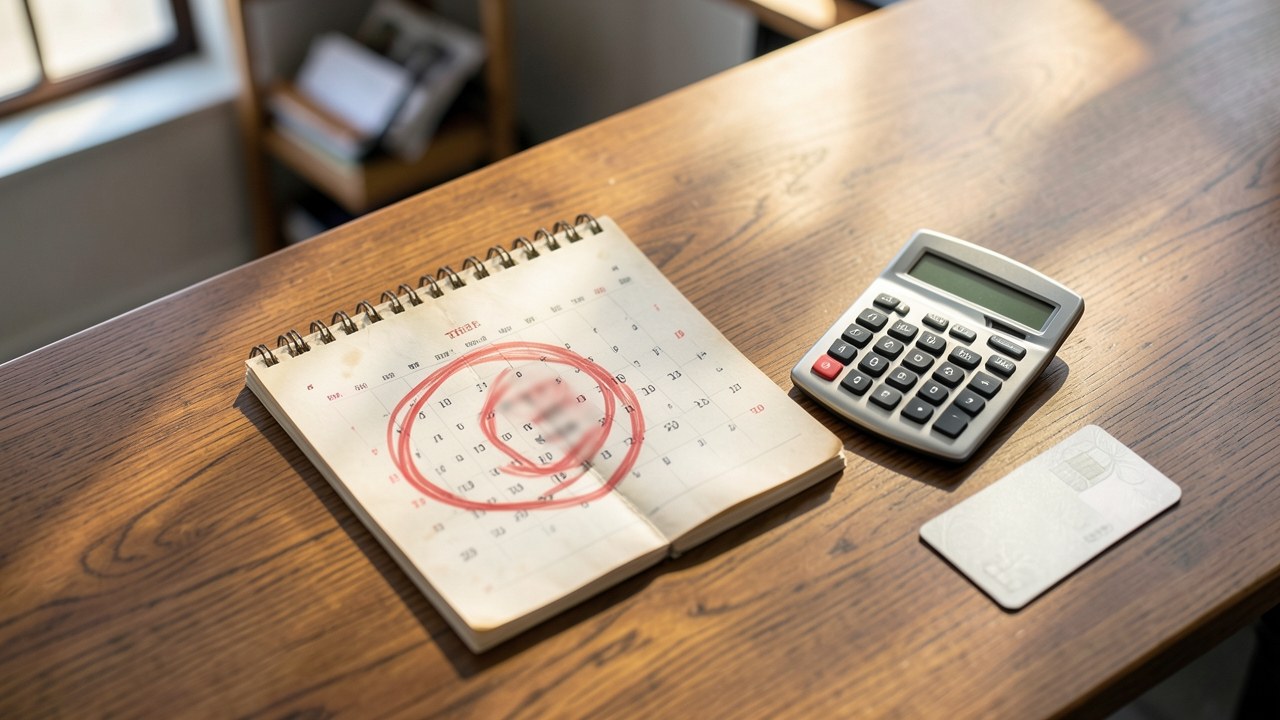 A calendar with a red circle on a date, and a calculator and a credit card next to it, on a desk.