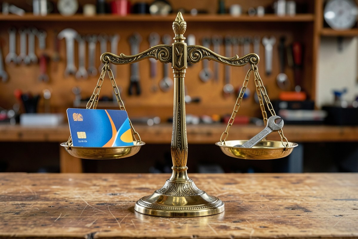 A scale balancing a credit card on one side and a small wrench on the other, on a table.