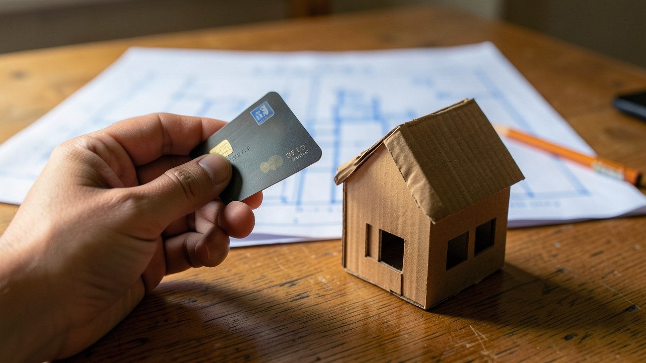A hand holding a credit card next to a small model house, with a blueprint in the background.