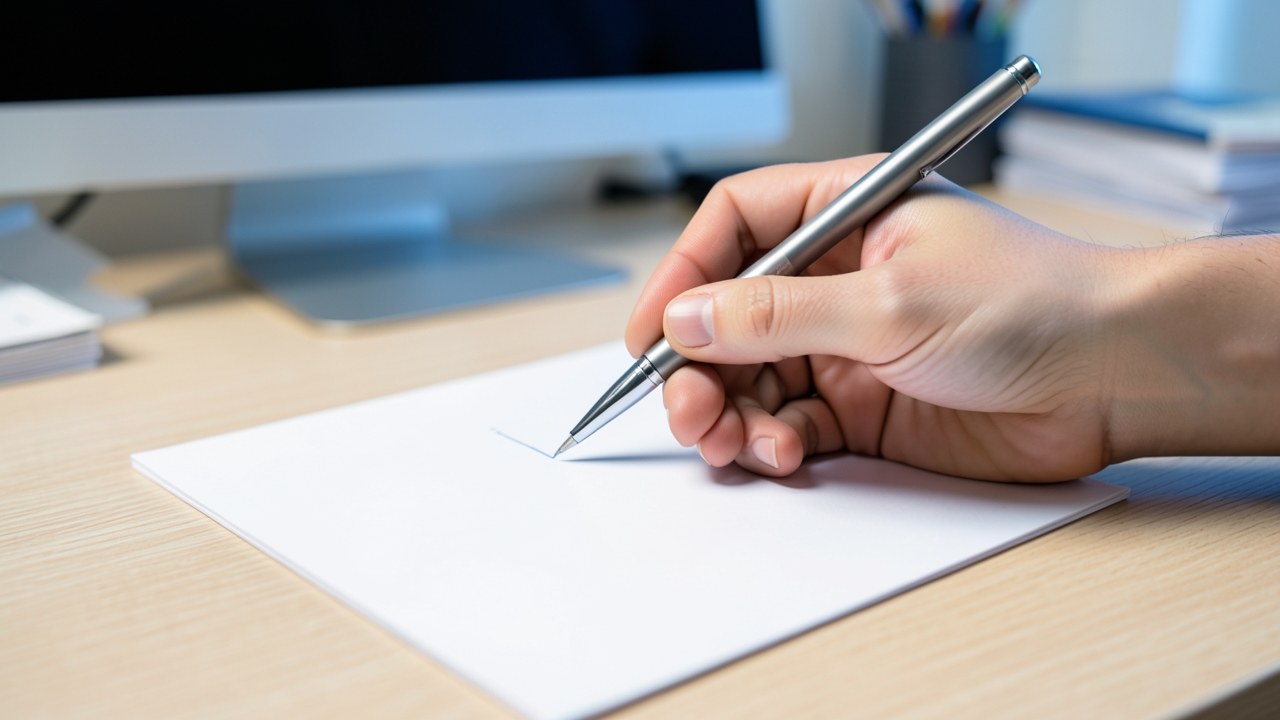 A hand holding a pen over a check mark on a form, with a blurred office background.