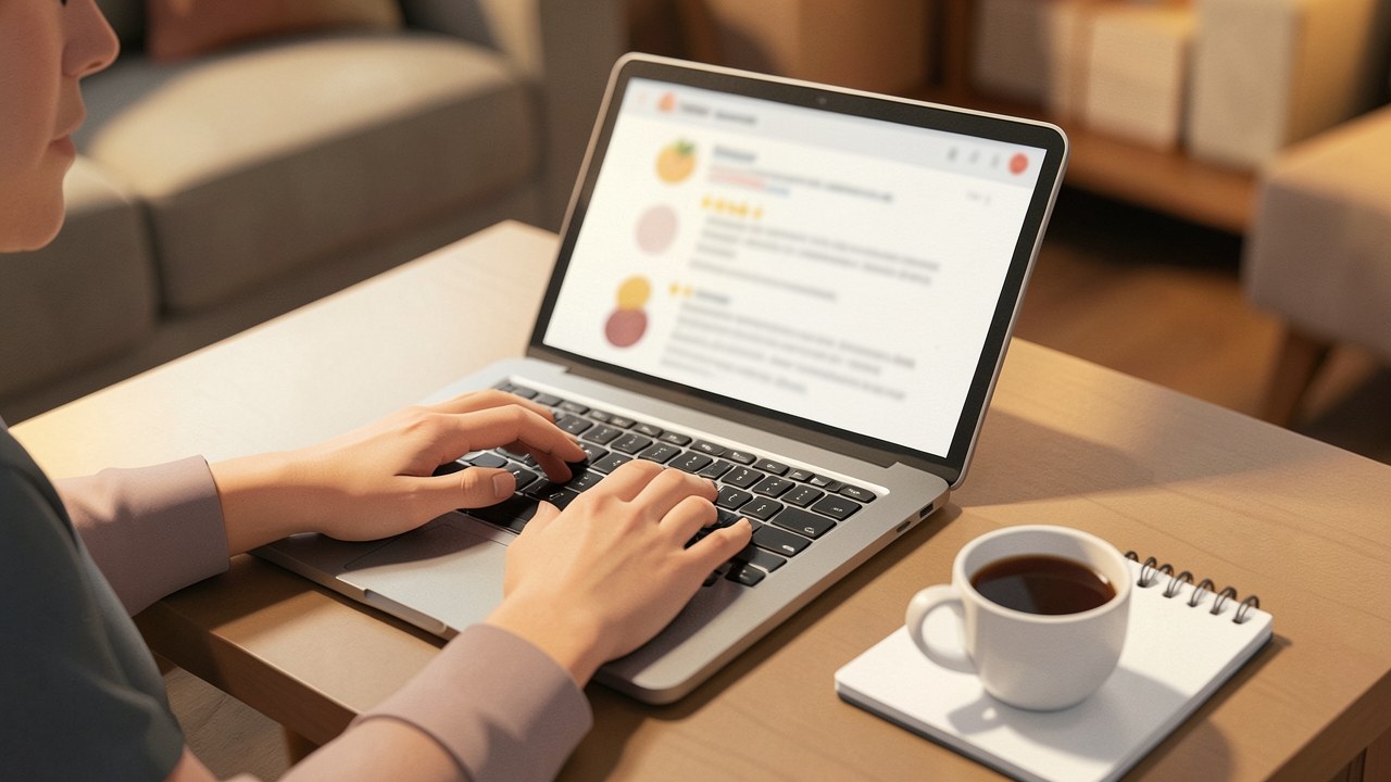 A person reading a review on a laptop, with a cup of coffee and a notepad on a table.